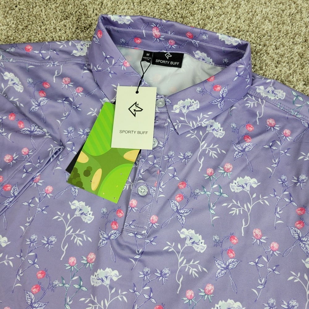 NWT Sporty Buff Mens Medium Purple AOP Floral Performance Stretch Golf Polo SS